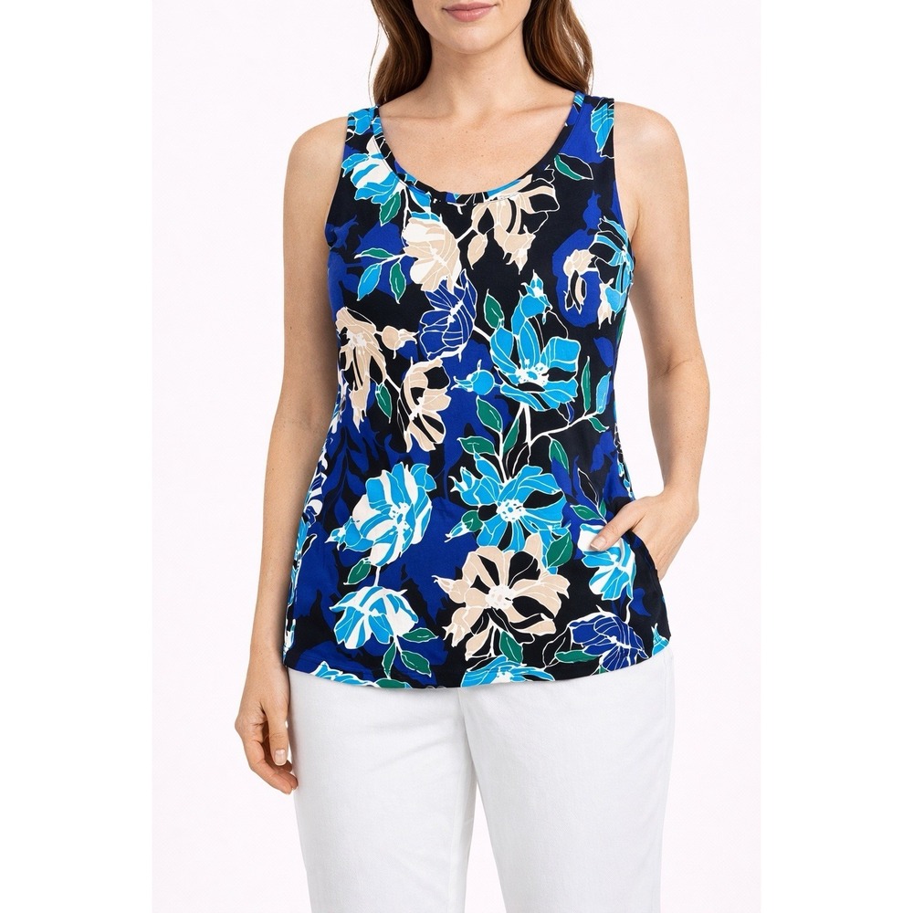 Chico's Tank Top Womens 00/XS Blue Touch of Cool Floral Polished Knit Blouse NEW